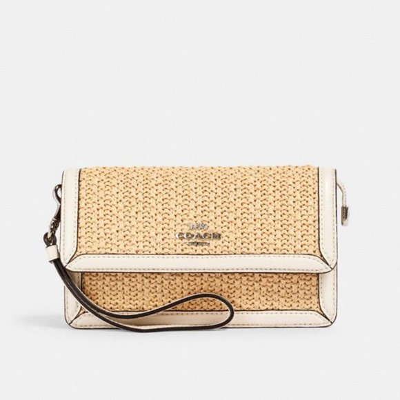 Coach Handbags - COACH Foldover Wristlet Super CUTE Straw & Leather
